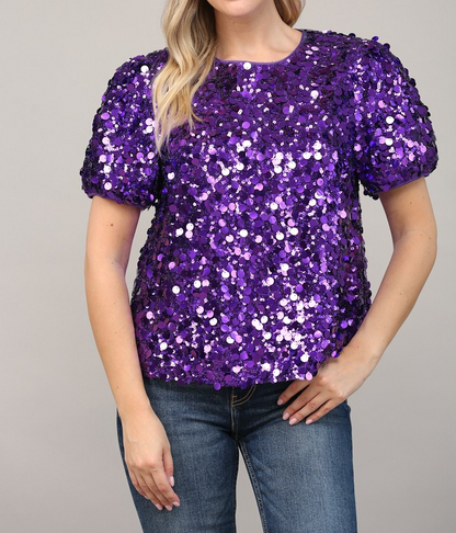 PURPLE SEQUIN EMBELLISHED SHORT PUFF SLEEVE TOP