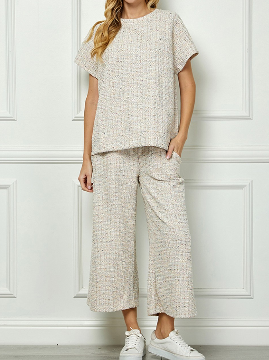 TAN BOUCLE TEXTURED PANT SET