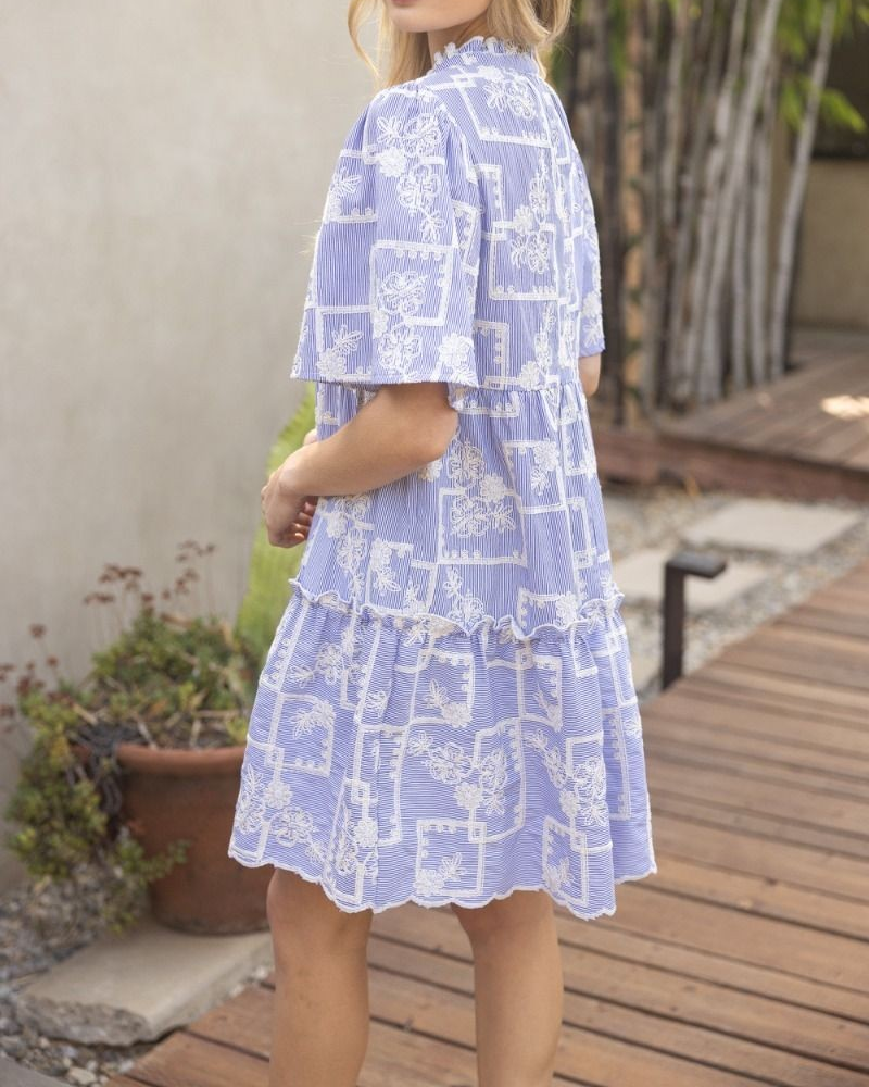 BLUE STRIPED COTTON FLORAL EMBROIDERED TIERED WOVEN DRESS