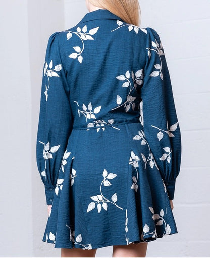 NAVY/WHITE EMBROIDERED LONG SLEEVE BUTTON DOWN MINI DRESS