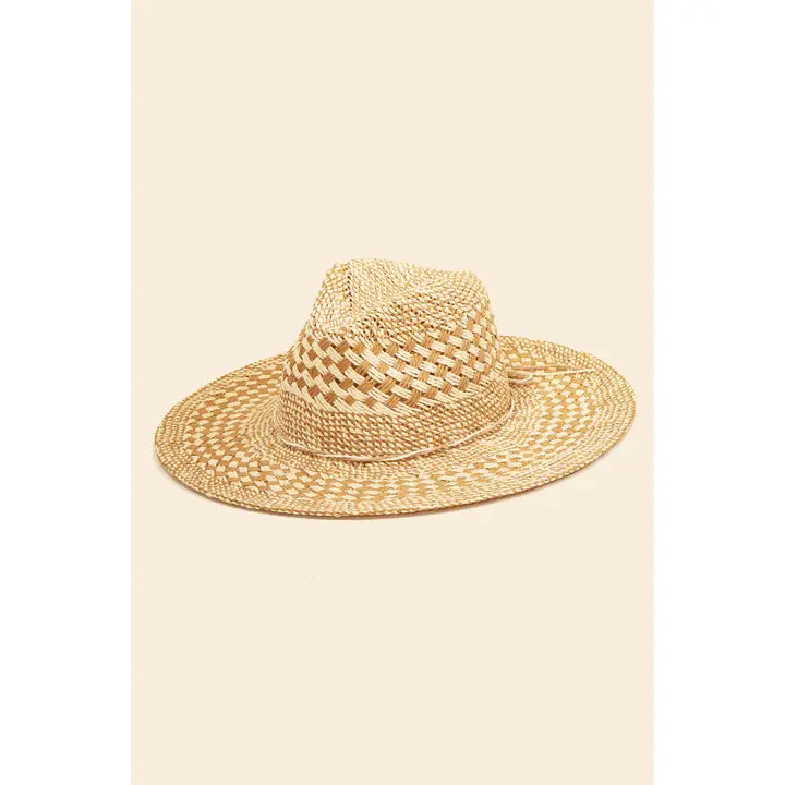 KHAKI CHECKERED STRAW WEAVE SUN HAT