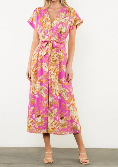 PINK FLORAL PRINT BUTTON UP SHORT SLEEVE MAXI DRESS