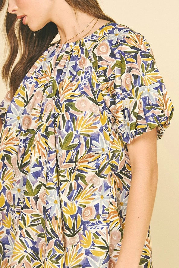 PURPLE MULTI FLORAL PRINT TUNIC SHORT BALLOON SLEEVE MINI DRESS