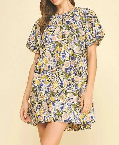 PURPLE MULTI FLORAL PRINT TUNIC SHORT BALLOON SLEEVE MINI DRESS