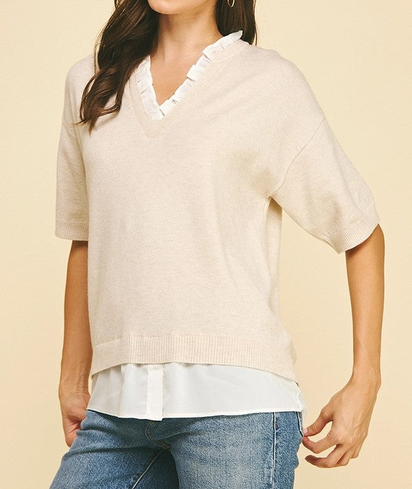 OATMEAL MIXED MEDIA LAYERED KNIT TOP