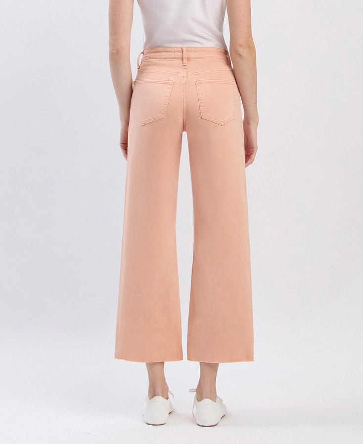 SOFT SAND HIGH RISE RAW HEM ANKLE WIDE LEG JEANS