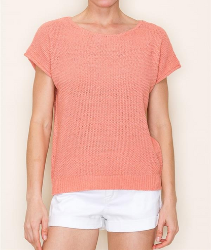 PEACH OPEN WEAVED WIDE NECK PULLOVER SWEATER