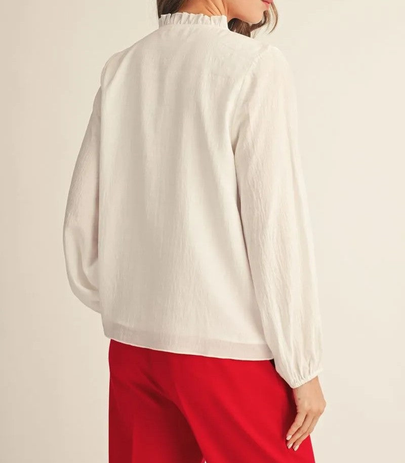WHITE DRAPED RUFFLE VNECK LONG SLEEVE TOP