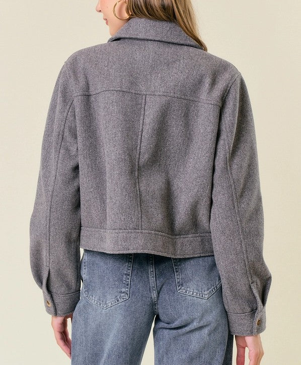 CHARCOAL GREY COLLLARED NECK LONG SLEEVE ZIP UP JACKET