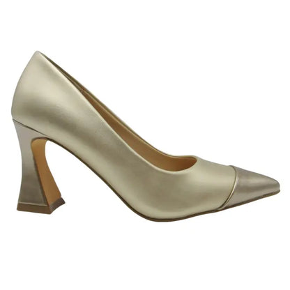 GOLD METALLIC POINTED TOE FLARED DONA BLOCK HEEL