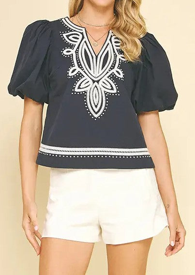 NAVY EMBROIDERY DETAIL PUFF SLEEVE TOP