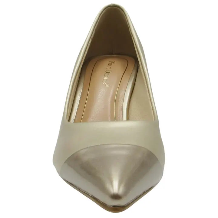 GOLD METALLIC POINTED TOE FLARED DONA BLOCK HEEL
