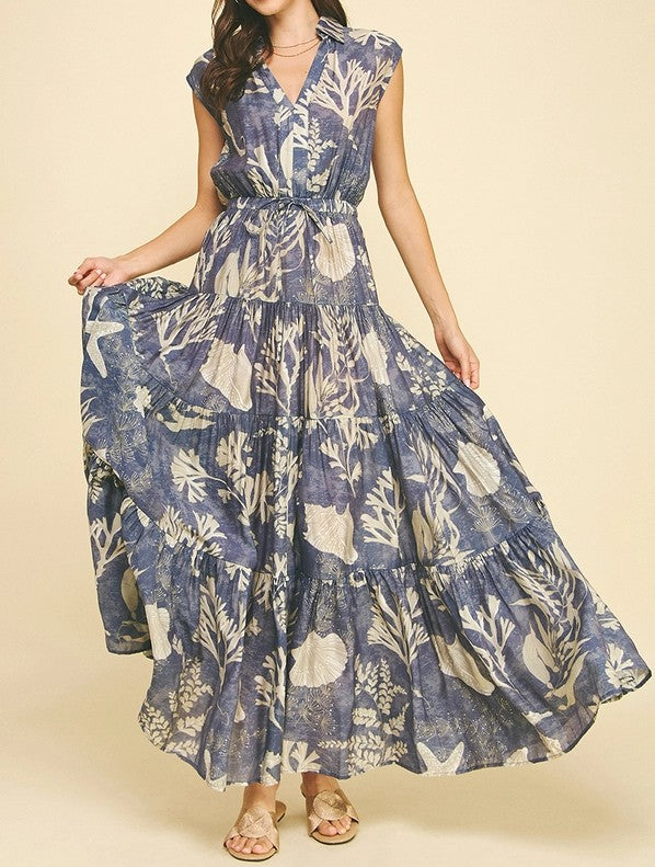 DUSTY NAVY BOTANICAL PRINT TIERED MAXI DRESS