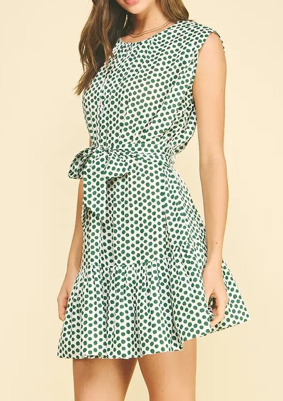 KELLY GREEN &amp; WHITE POLKA DOT TIERED MINI DRESS