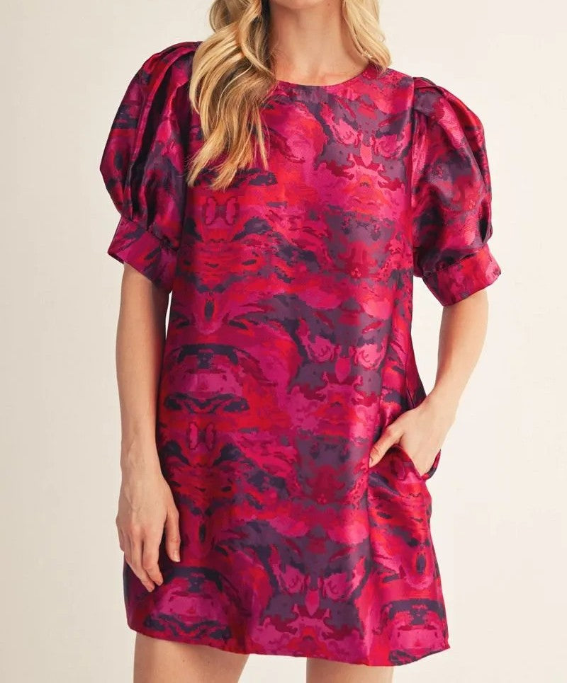 MAGENTA MIX JACQUARD SHORT PUFF SLEEVE MINI DRESS