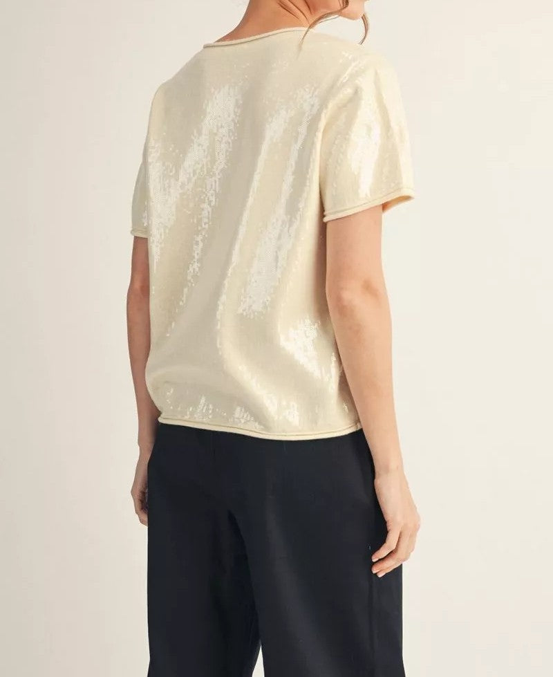 CREAM TINY SEQUIN SHORT SLEEVE SWEATER TOP