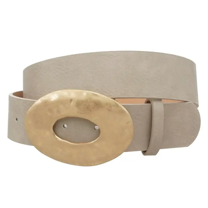 TAUPE GOLD METAL OVAL BUCKLE BELT