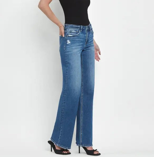SECURE MEDIUM DARK WASH MID RISE FULL LENGTH WIDE LEG JEANS