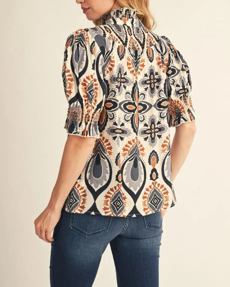 BLACK/GREY/RUST MULTI BOHO GEOMETRIC MEDALLION PRINT SHORT PUFF SLEEVE BUTTON UP TOP