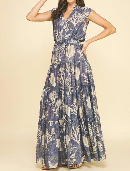 DUSTY NAVY BOTANICAL PRINT TIERED MAXI DRESS