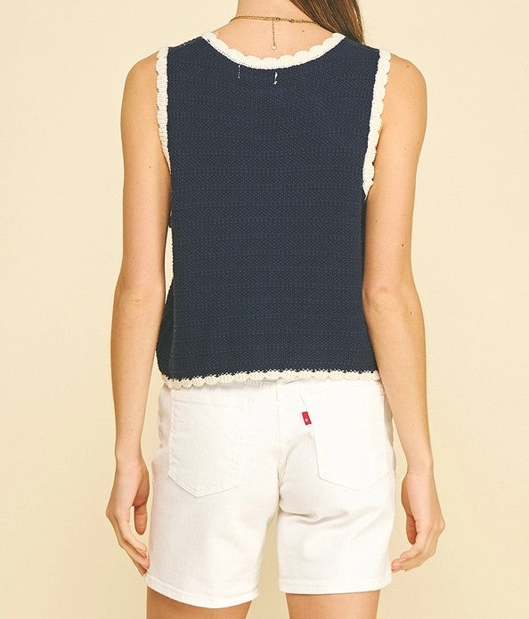 NAVY CONTRAST CROCHET TRIM SLEEVELESS KNIT TANK TOP