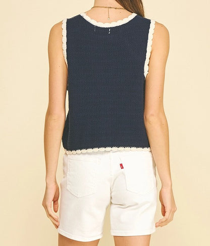 NAVY CONTRAST CROCHET TRIM SLEEVELESS KNIT TANK TOP