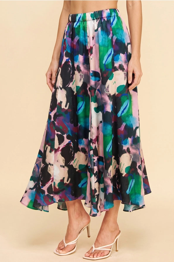 MUTLI COLOR ABSTRACT PRINT ELASTIC WAIST FLOWY MIDI SKIRT