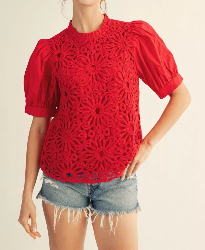 RED CROCHET LACE DETAIL SHORT PUFF SLEEVE TOP