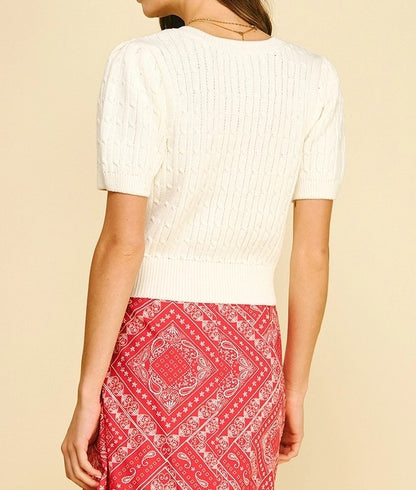CREAM CABLE KNIT SHORT SLEEVE CARDIGAN SWEATER