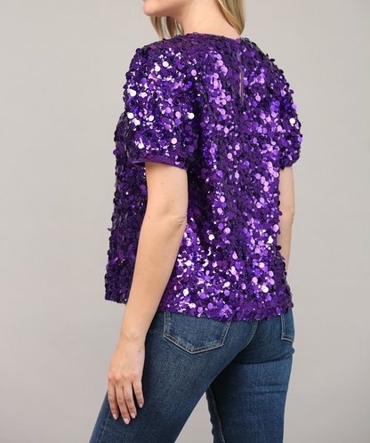 PURPLE SEQUIN EMBELLISHED SHORT PUFF SLEEVE TOP