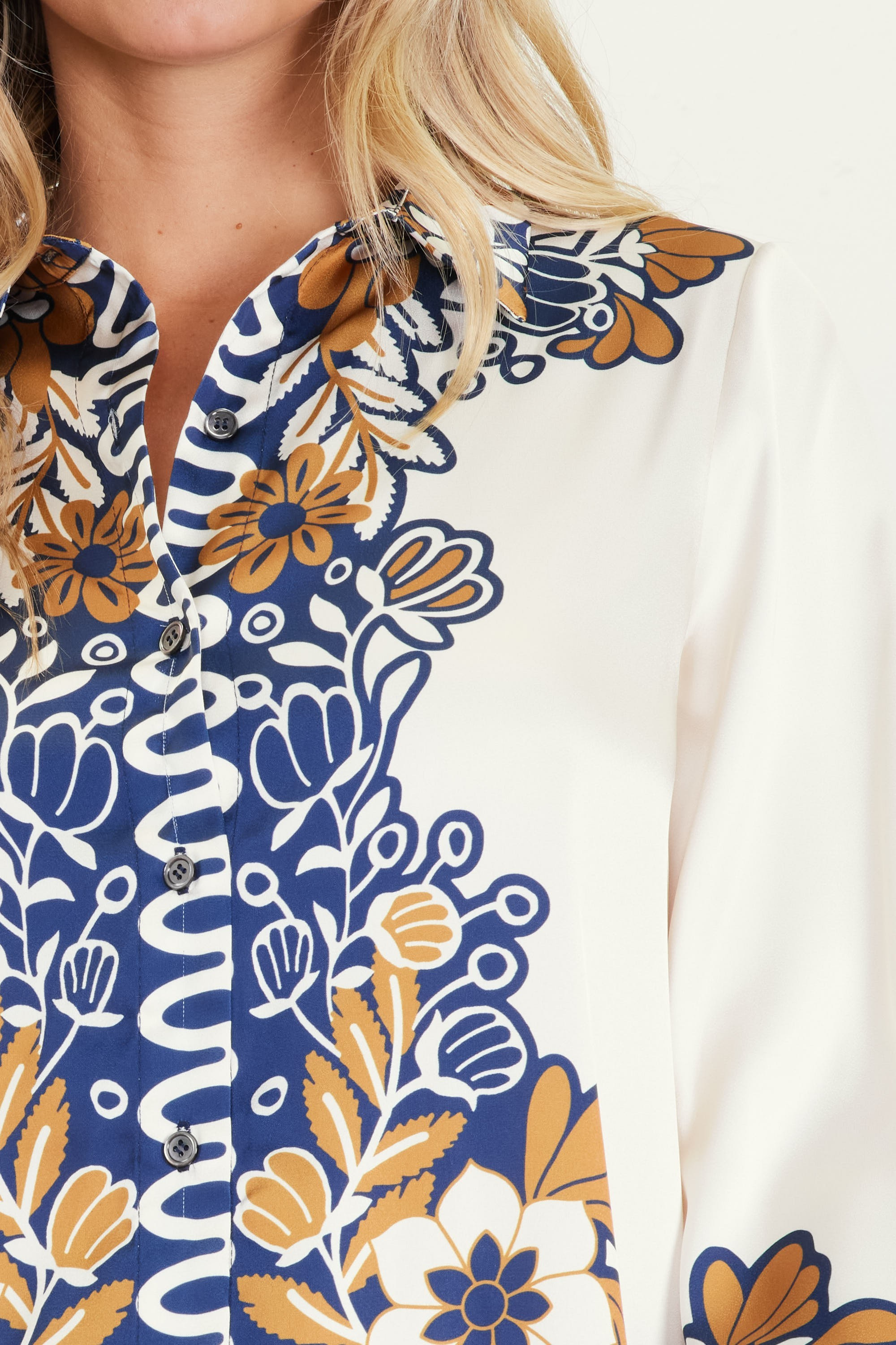 NAVY/MUSTARD PRINTED LONG SLEEVE BUTTON DOWN BLOUSE