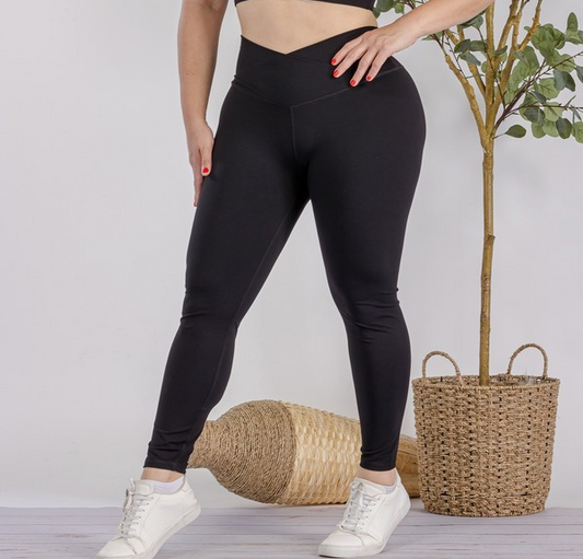 *EXTENDED SIZE* BLACK HIGH RISE CROSSOVER WAIST LEGGINGS