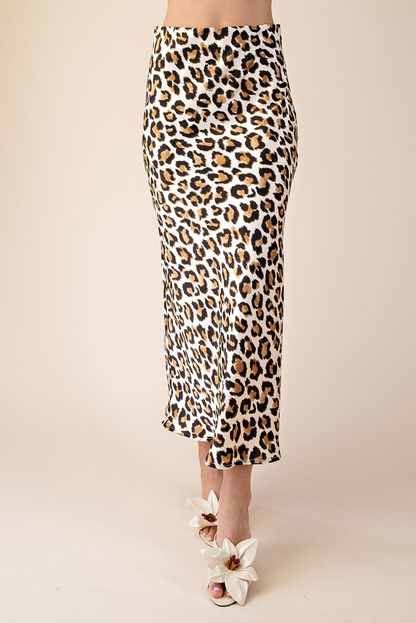 CREAM CHEETAH PRINT SATIN HIGH WAISTED MIDI SKIRT