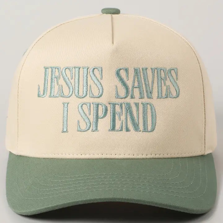 SAGE GREEN &quot;JESUS SAVES I SPEND&quot; EMBROIDERY TRUCKER HAT