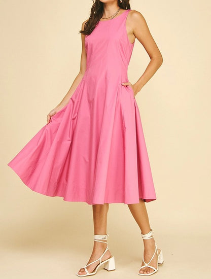 DUSTY PINK FITTED BODICE FLARED SLEEVELESS MIDI DRESS