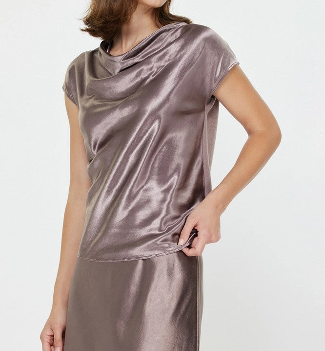 MAUVE/PEWTER COWL NECK SILKY SWEATER BACK