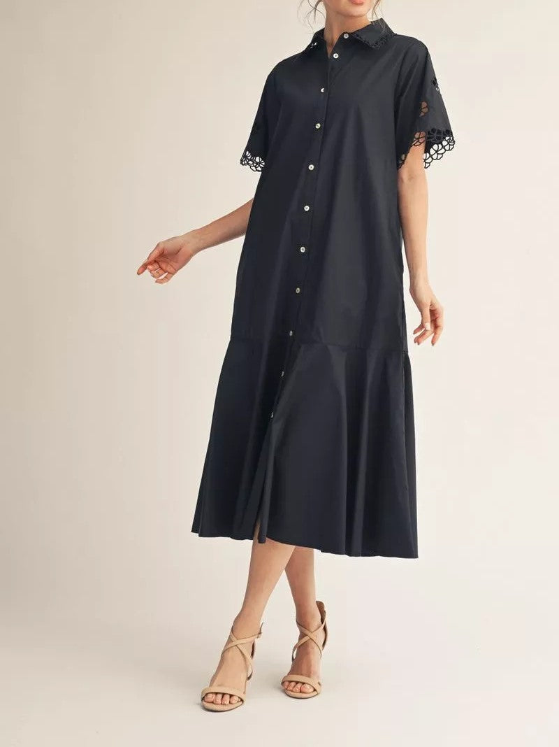 BLACK EYELET DETAIL SHORT SLEEVE BUTTON UP FLAIR HEM MIDI DRESS