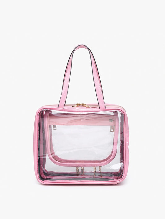 BUBBLEGUM PINK RAE CLEAR COSMETIC BAG WITH HANDLE