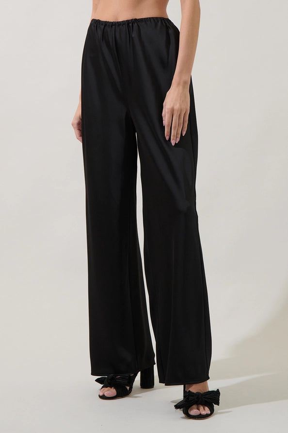 BLACK SATIN ELASTIC WAIST WIDE LEG PANT