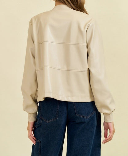 CREAM FAUX LEATHER FRONT SNAP BUTTON LONG SLEEVE OVERSIZED JACKET
