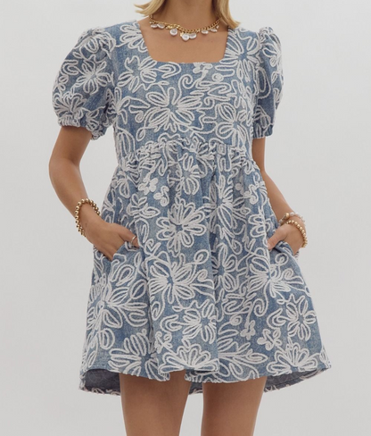 DENIM FLORAL EMBROIDERED SQUARE NECK MINI DRESS