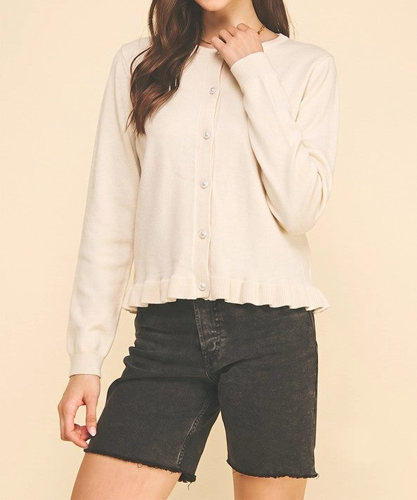 CREAM BUTTON UP PLEATED LONG SLEEVE CARDIGAN