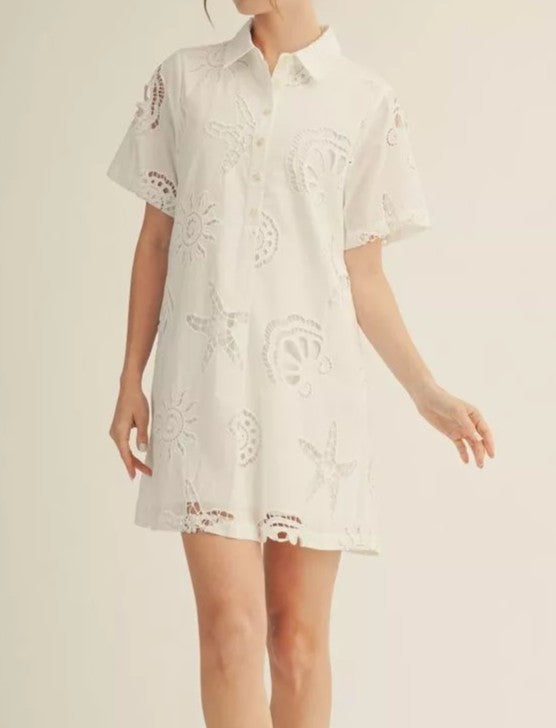 OFF WHITE BEACHY EYELET PLEAT DETAIL QUARTER BUTTON UP MINI DRESS