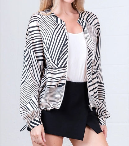 CREAM/BLACK STRIPE PRINT LONG SLEEVE ZIP UP JACKET