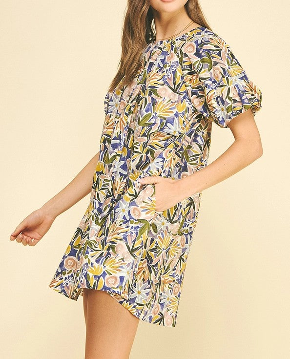 PURPLE MULTI FLORAL PRINT TUNIC SHORT BALLOON SLEEVE MINI DRESS