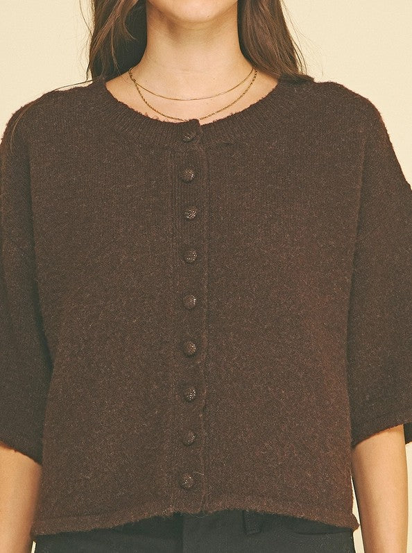 ESPRESSO BROWN BUTTON UP SHORT SLEEVE SWEATER