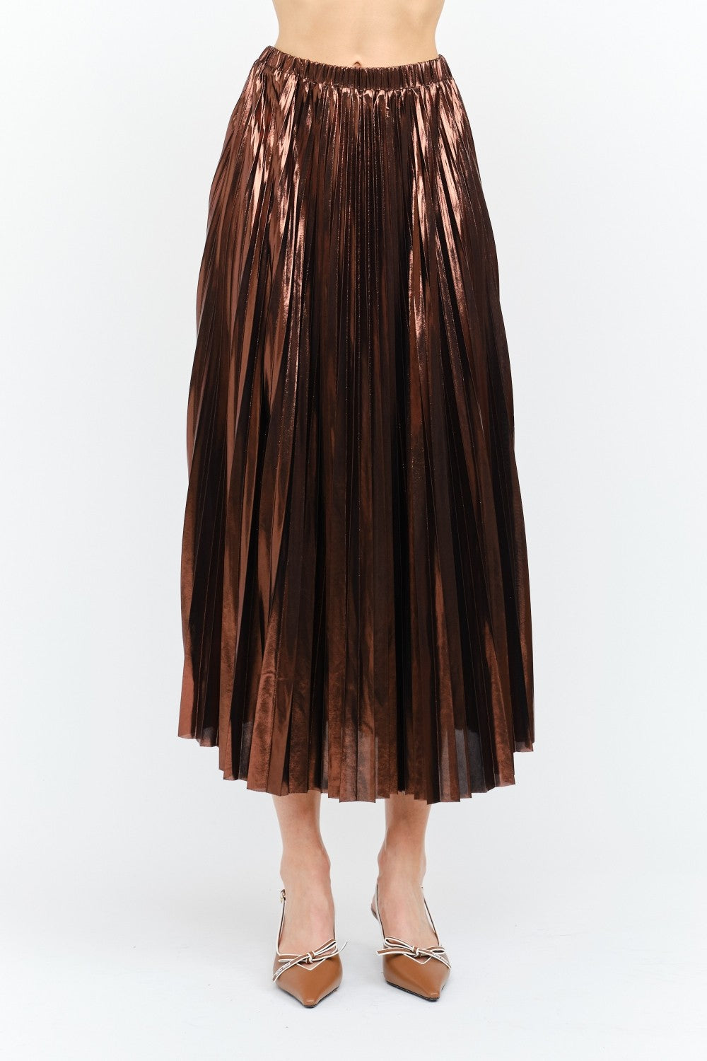 BROWN METALLIC LAME PLEATED ALESSANDRA MIDI SKIRT