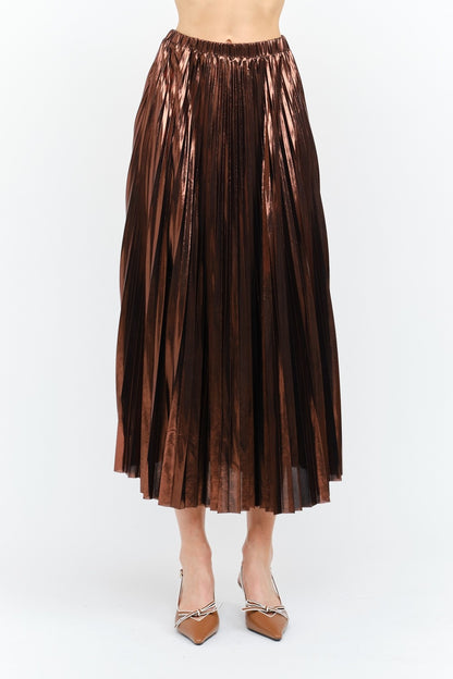 BROWN METALLIC LAME PLEATED ALESSANDRA MIDI SKIRT