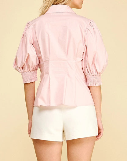 BABY PINK TUCKED WAIST BALLOON SLEEVE BUTTON UP TOP