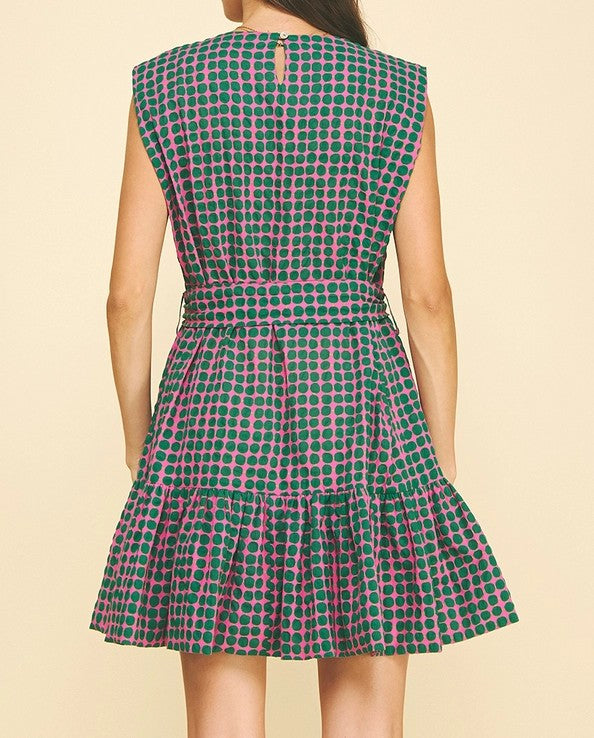 PINK &amp; GREEN POLKA DOT TIERED MINI DRESS